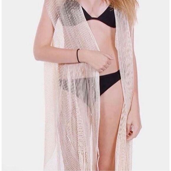 New in Package Womens Gold Fringe Beach Semi-Sheer Swim Coverup Kimono - Sz OS - Picture 1 of 2